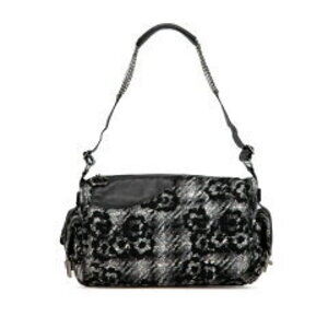 Chanel Shoulder Bag Camellia Chain Tweed Gray Black Leather